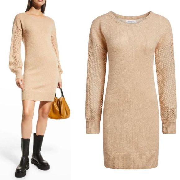 Naadam TUNIC DRESS Size M Sand Open Cable Knit Cashmere Merino Wool NEW $395 - Picture 1 of 11